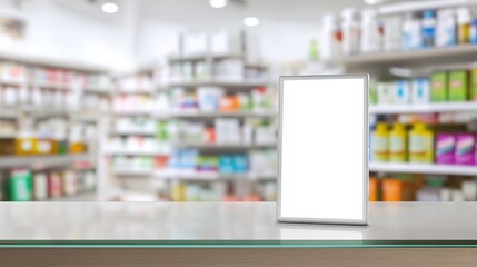 Vertical LCD Screen on Glass Desk in Drugstore with Blurred Pharmacy Shelf Background