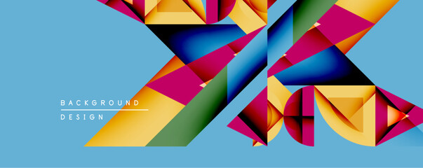 Abstract geometric composition. Vivid colors intersect, creating dynamic visual effect. Shapes overlap, forming complex pattern on light blue backdrop. Modern design element.