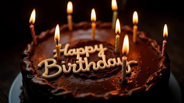 Chocolate birthday cake with candles and happy birthday text decoration
