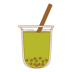 Boba tea drinks, matcha bubble tea, hand-drawn in a linear style. Illustrations of cups with boba drinks for posters, cards, cafe menus, and graphic design.