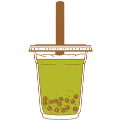 Boba tea drinks, matcha bubble tea, hand-drawn in a linear style. Illustrations of cups with boba drinks for posters, cards, cafe menus, and graphic design.