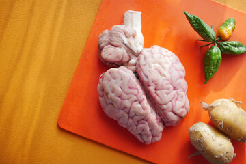 top view of animal brain on a chopping board 