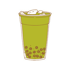 Boba tea drinks, matcha bubble tea, hand-drawn in a linear style. Illustrations of cups with boba drinks for posters, cards, cafe menus, and graphic design.