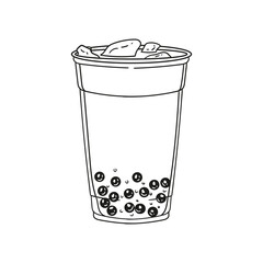 Boba tea drinks, bubble milk tea drinks, hand-drawn in a linear style. Illustrations of glasses with drinks for posters, cards, cafe menus, and graphic design.