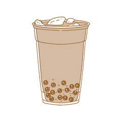 Boba tea, latte, and bubble chocolate drinks, hand-drawn in a linear style. Illustrations of cups with boba drinks for posters, cards, cafe menus, and graphic design.