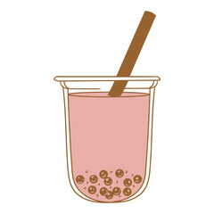 Boba tea drinks, bubble milk tea drinks, hand-drawn in a linear style. Illustrations of glasses with drinks for posters, cards, cafe menus, and graphic design.