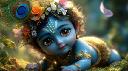 Baby Krishna sleeping on a lotus leaf in blue water. Hindu deity child sleeping in water. Krishna Janmashtami celebration, Gokulashtami festival. Ai Generated Images