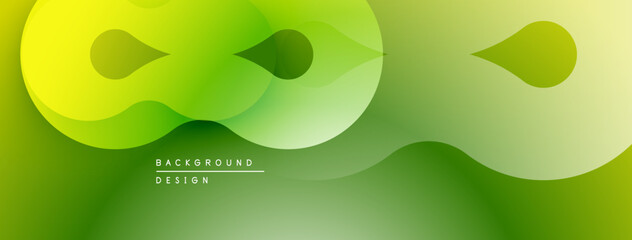 Abstract green gradients create flowing shapes. Modern design evokes fluidity, freshness, positive energy. Minimalist composition suits various applications.