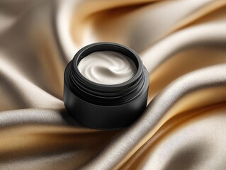 Luxurious cream container on a draped silk background.