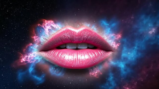 A close-up of a pair of vibrant pink lips against a cosmic backdrop filled with swirling nebulae in shades of blue and purple.