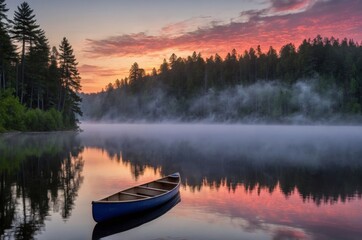 Obraz premium Fireworks Reflected on Lake with Silhouetted Canoe 