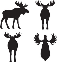 Moose silhouette icons set side, front, back, and top views vector art illustration