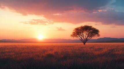 Obraz premium Serene Sunset Over a Tranquil Landscape with a Lone Tree Silhouetted Against Vibrant Sky Colors