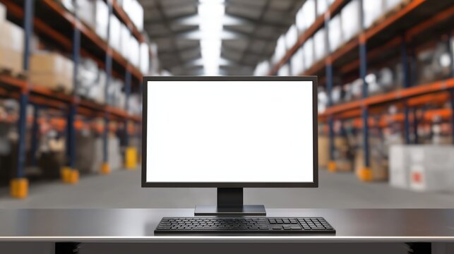 Flat-Screen Desktop Monitor on Industrial Metal Desk in High-Tech Warehouse