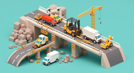 Obraz premium Low-poly 3D rendering of a bridge under construction with various vehicles and construction equipment.
