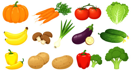 Fototapeta premium Colorful Illustration of Fresh Vegetables and Fruits Pumpkins, Carrots, Tomatoes