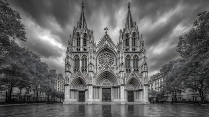 Fototapeta premium Majestic Church Under a Dramatic Sky: A Black and White Masterpiece