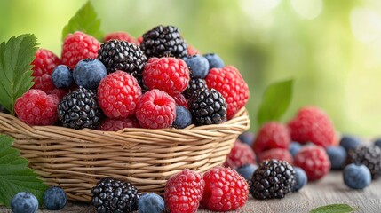 Fresh Berries in a Woven Basket Displayed on a Rustic Wooden Surface with a Green Nature Background