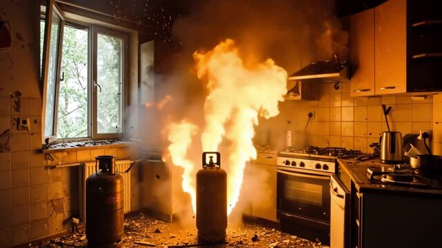 A large explosion erupts in a dilapidated kitchen, engulfing a propane tank in flames