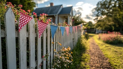Fototapeta premium Festive Bunting - Red, White, and Blue Polka - Dotted Triangles Decorating a Rustic White Picket Fence in a Charming Garden. Ideal for Fourth - of - July