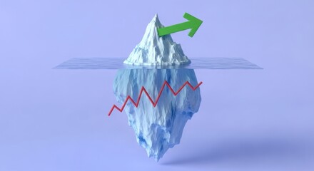 Iceberg with green arrow pointing up and red line pointing down on light blue background surface