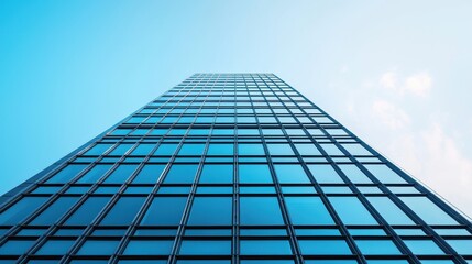 Fototapeta premium Modern Glass Skyscraper Reaching Upward Against Clear Blue Sky with Reflections and Clean Lines