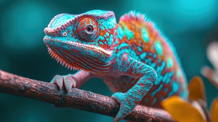 Obraz premium Colorful and Vibrant Chameleon on Green Branch in Nature Setting Captured in Macro Photography Style