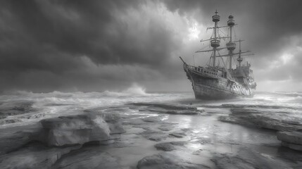 Obraz premium Shipwrecked Galleon on a Stormy Shore