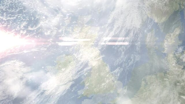 Earth zoom in from space and focus on Selkirk, Scotland, Scottish Borders, Great Britain. Background for travel intro or blog. Satellite view. 3D style Animation. Images from NASA.