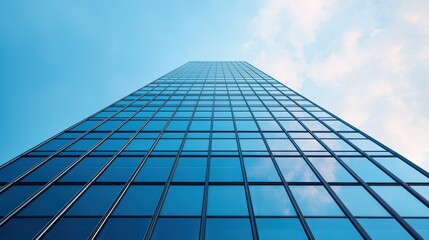 Tall Modern Skyscraper Reaching Towards Blue Sky with Reflections of Clouds and Windows in Urban Environment
