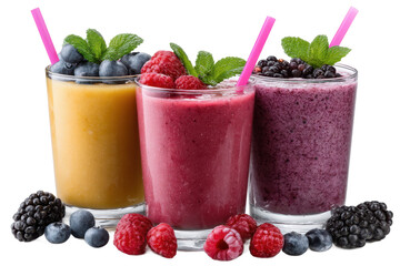 Three delicious fruit smoothies isolated on transparent background