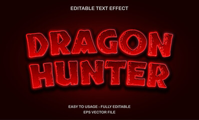Dragon hunter text, editable text effect template, 3d bold shiny, red neon glow title movie text style