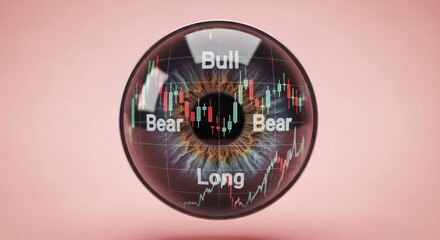 A reflective sphere showing a stylized eye with stock market charts and bull bear long text overlayed