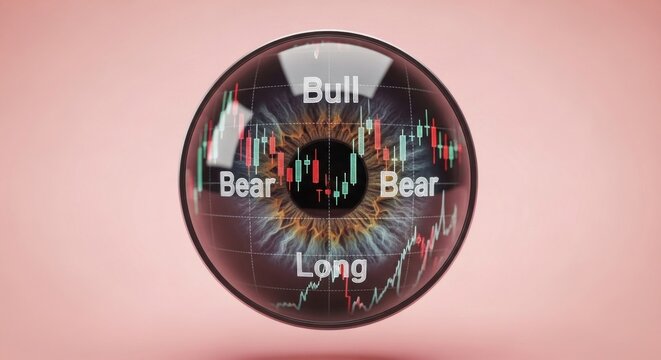 A reflective sphere showing a stylized eye with stock market charts and bull bear long text overlayed