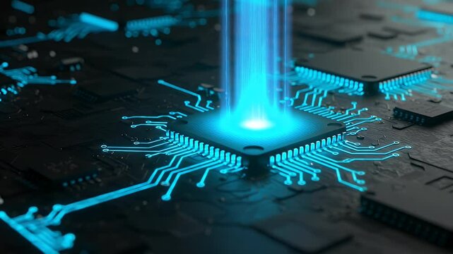 Advanced circuit board with glowing central chip