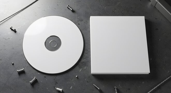 Blank White CD Disc and Paper Case Mockup on Dark Grunge Metal Background