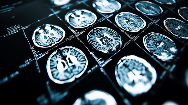 Close-up of neurological MRI scan showing white matter lesions, representing multiple sclerosis diagnosis and brain disease research, medical concept with copy space.