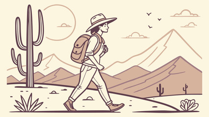 Desert Wanderer Hiker with Backpack in Mountainous Landscape.