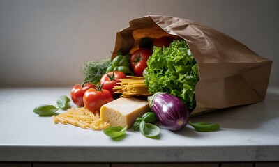 Vibrant Fresh Vegetables and Pasta Spill from a Brown Paper Bag Displaying Tomatoes Lettuce and Eggplant on a White Countertop Showcasing a Healthy Eating Lifestyle with Soft Lighting and a Kitchen