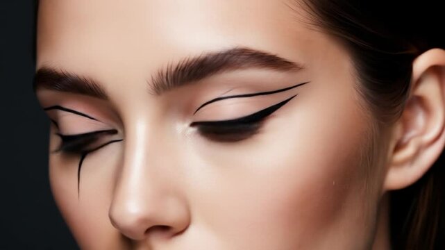Striking eyeliner makeup tutorial: Close-up of a woman's face with dramatic black winged eyeliner