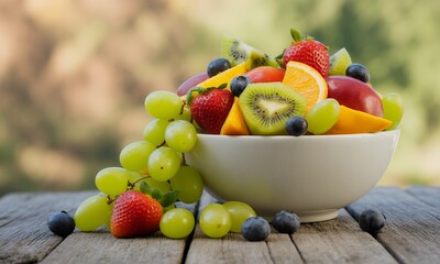 Vibrant Fruit Bowl Display Featuring Strawberries Kiwi Blueberries and Grapes atop Weathered Wood Surface Showcasing Fresh Nutrition and Dietary Wellness Perfect for Healthy Lifestyle and Decoration