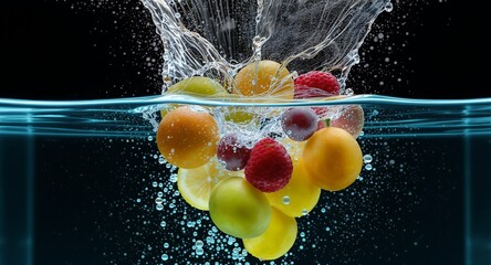 Vibrant Fruit Explosion in Refreshing Water a Splash of Raspberries Lemons Oranges Grapes and Green Apples Against Black Backdrop Showcasing Health and Wellness a Dynamic Display of Nutrients