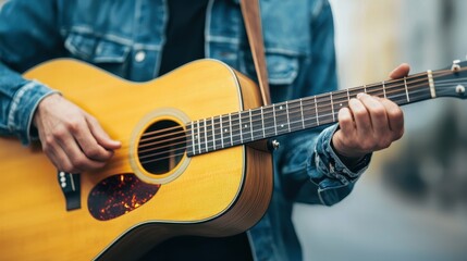 Obraz premium Close-Up of a Musician Playing Acoustic Guitar in Urban Setting with Denim Jacket and Soft Background Blur