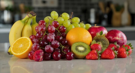 Vibrant Fruit Medley Display Featuring Bananas Grapes Oranges Apples Kiwis and Strawberries on a Light Gray Surface with Natural Lighting Showcasing Fresh and Healthy Eating Promoting Wellness and