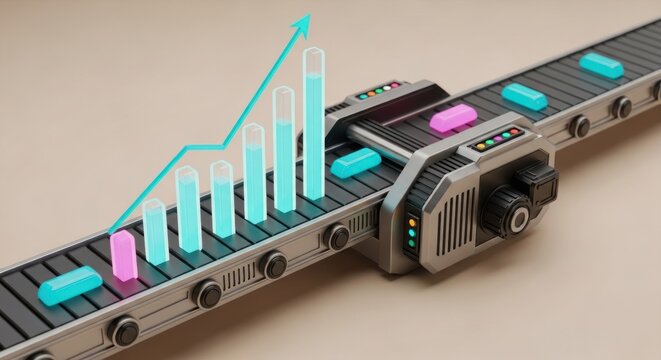 A conveyor belt with blue and pink rectangular objects and a rising graph indicating growth trend