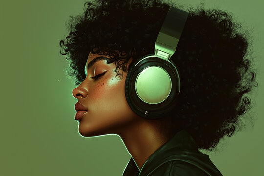 Beautiful African American woman listening on headphones. Social media player application.  - Powered by Adobe