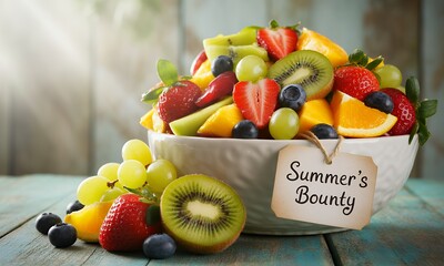 Vibrant Fruit Salad Bursting with Freshness A White Bowl Overflowing with Strawberries Kiwi Mangoes Blueberries and Grapes on Wooden Tabletop Healthy Eating and Colorful Nutrition with Soft Lighting