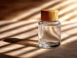 Clear glass bottle with light brown bamboo lid on a wooden surface.