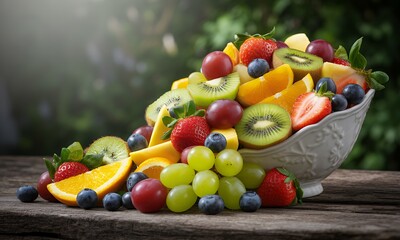 Vibrant Fruit Salad Overflowing from Ornate White Bowl on Rustic Wooden Table with Soft Lighting Featuring Strawberries Orange Slices Kiwi Grapes and Blueberries Against Blurred Greenery Creates a