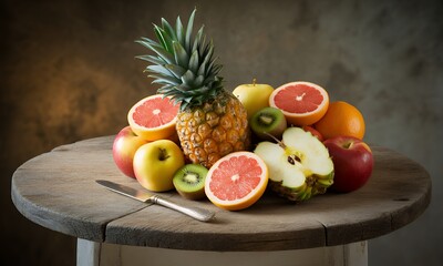 Vibrant Fruit Still Life with Pineapple Apples Grapefruit Kiwi and Sliced Citrus Fruits on Weathered Wooden Table Under Soft Studio Lighting Showcasing Natural Textures and Colors Promoting Health